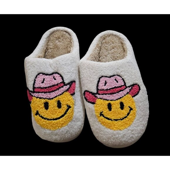 Cowboy Hat Smiley Face Fuzzy Slippers Unisex Cozy Indoor Shoes Size 10 - Picture 4 of 5